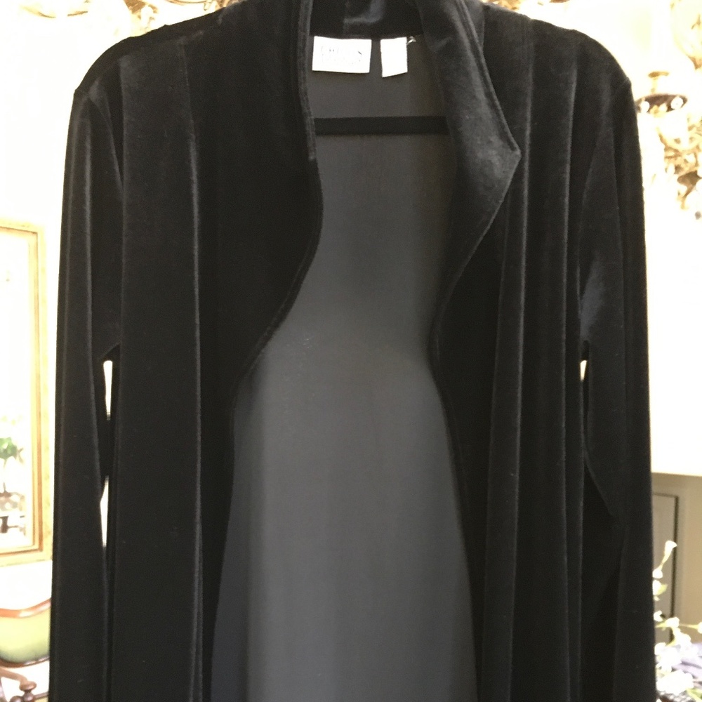 Chico's Design Black Velvet open jacket. NWOT